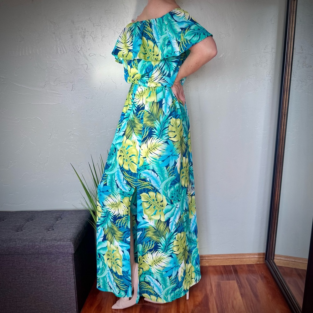 eesome Tropical Palm Leaf Print Maxi Dress with Ruffle Adjustable Top - Picture 3 of 8
